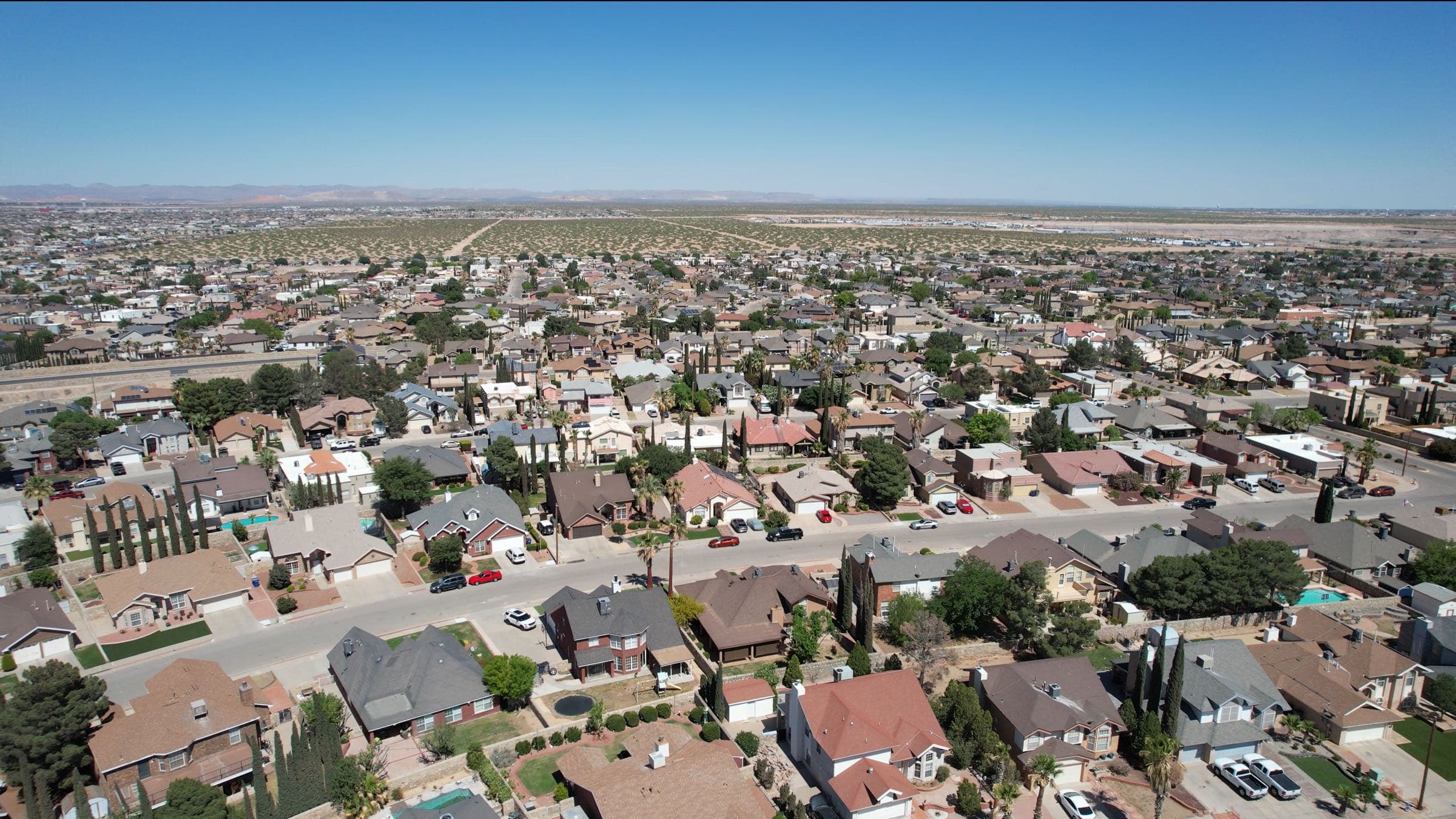 Aerial view of established East El Paso neighborhoods stretching to the horizon