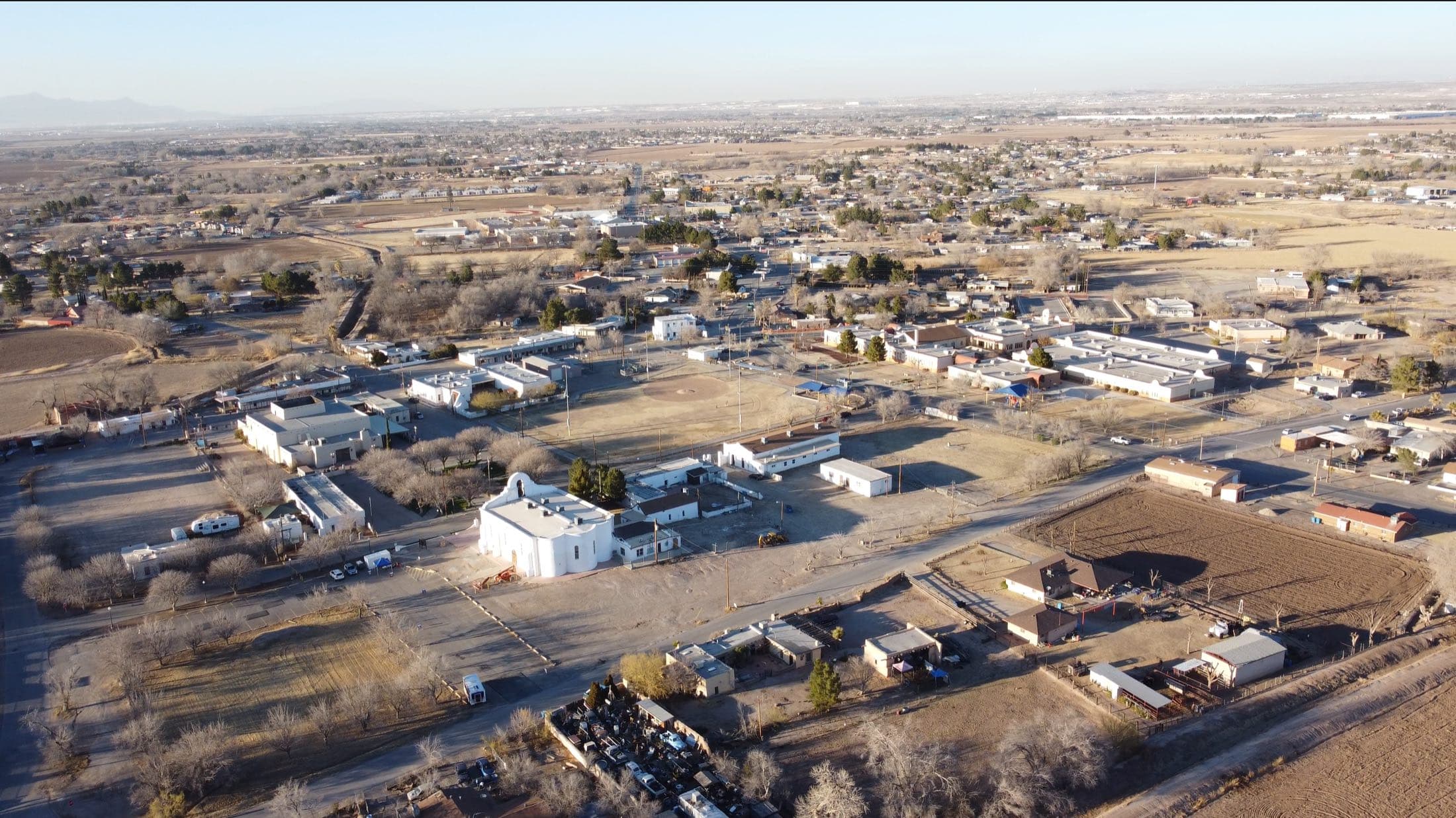 Aerial view of the Mission Trail with the historic mission and Lower Valley farmland
