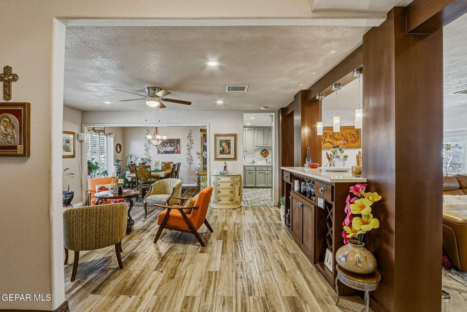 Unique Architectural Focal Entry and Dry bar and bookcase