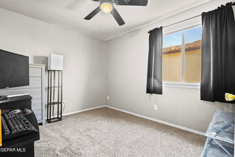 Carpet flooring, ceiling fan, cozy layout