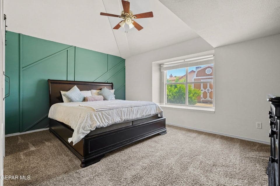 Carpet flooring, ceiling fan, spacious layout