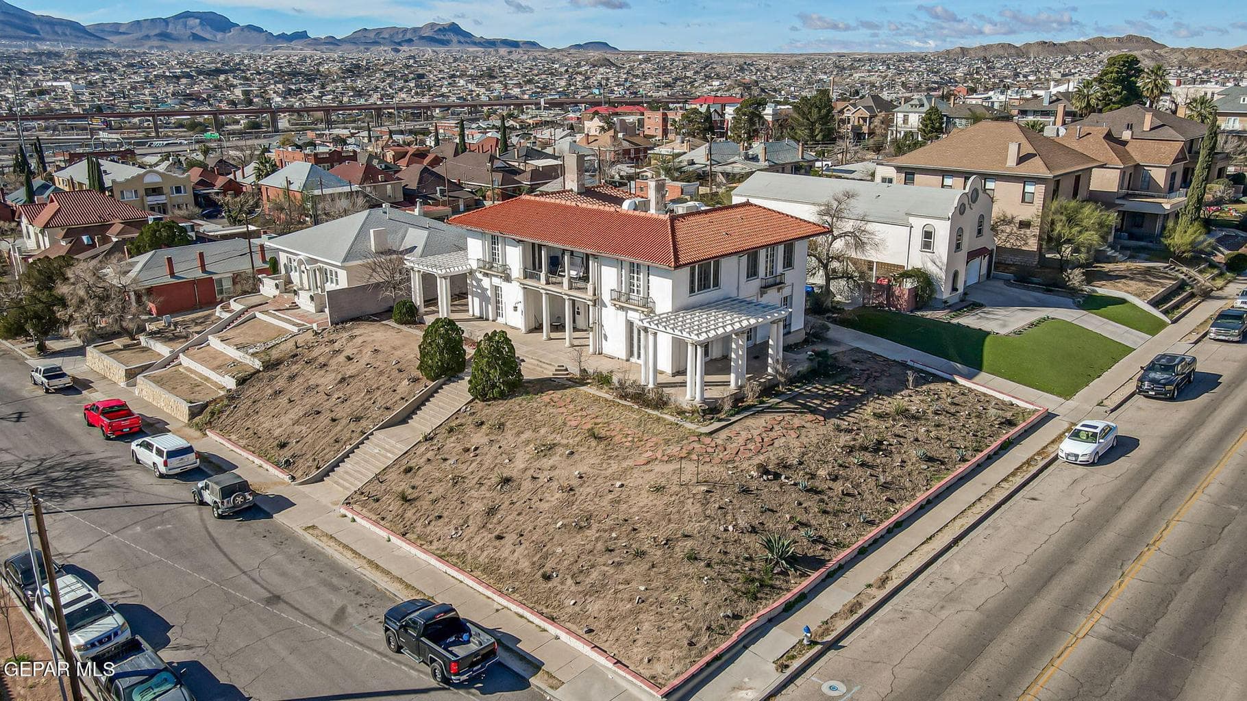 Perched high on the elevated lot, there are amazing views of Juarez, MX, Downtown El Paso, and the Franklin Mountains to the east.