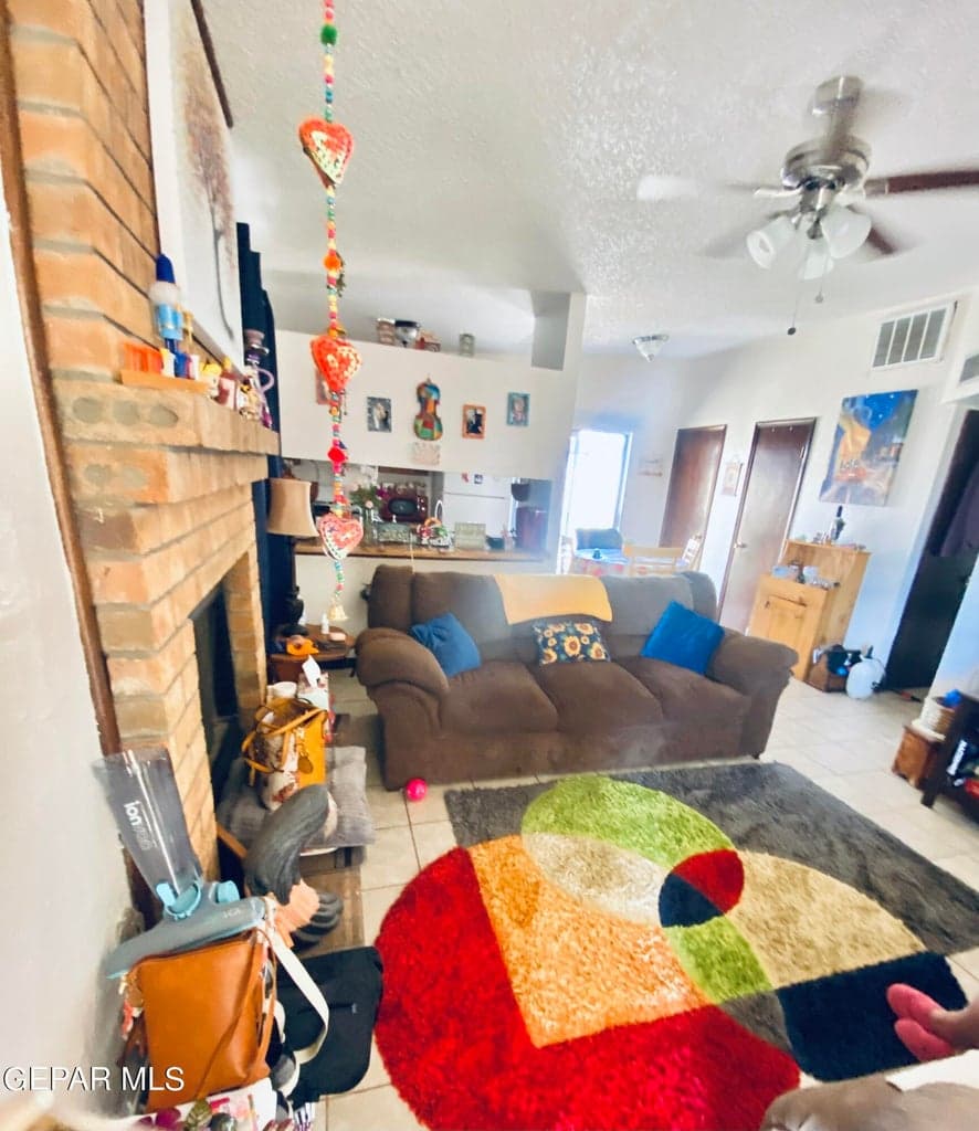 Living room view with fireplace