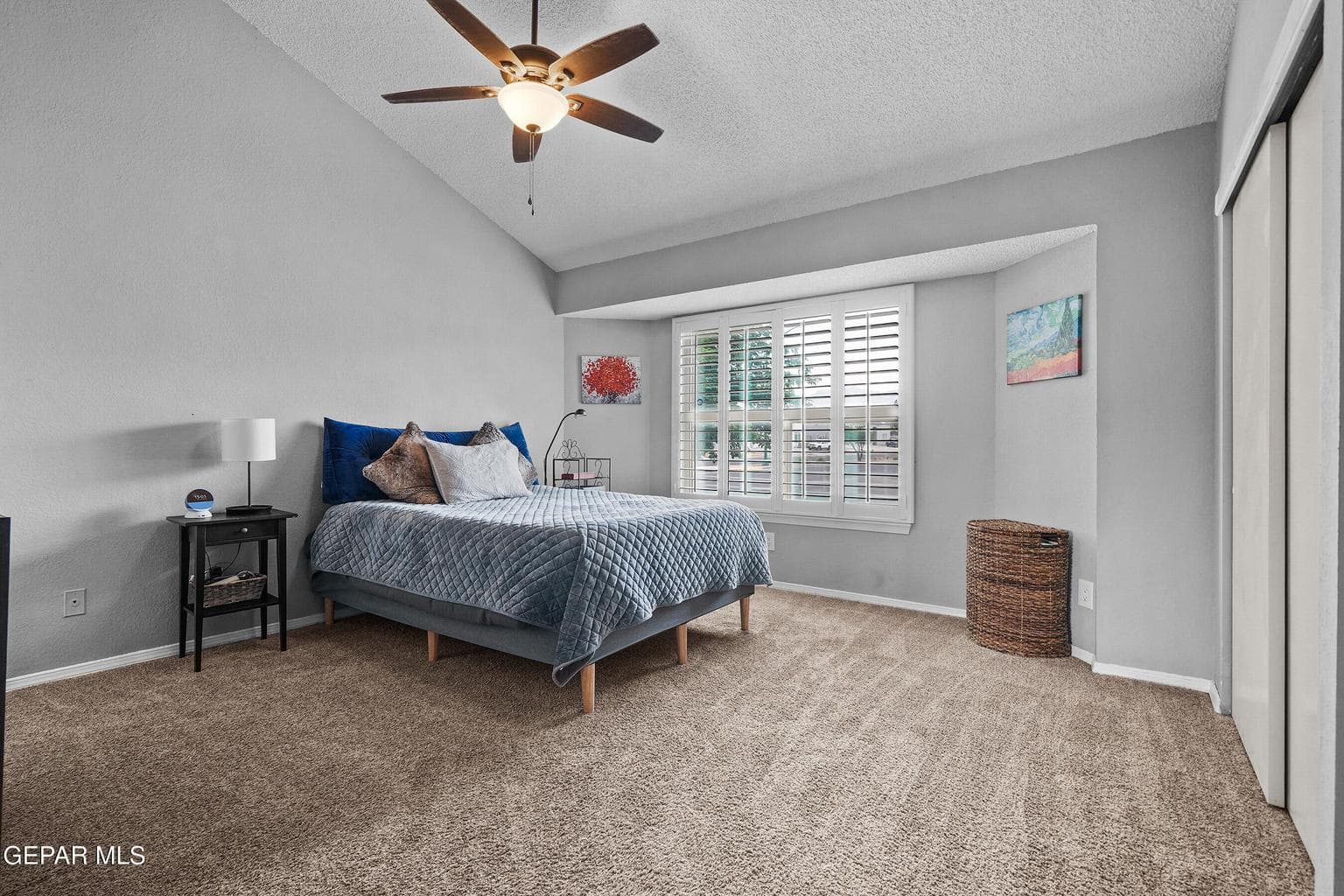 Carpet flooring, ceiling fan comfort, natural light, spacious layout