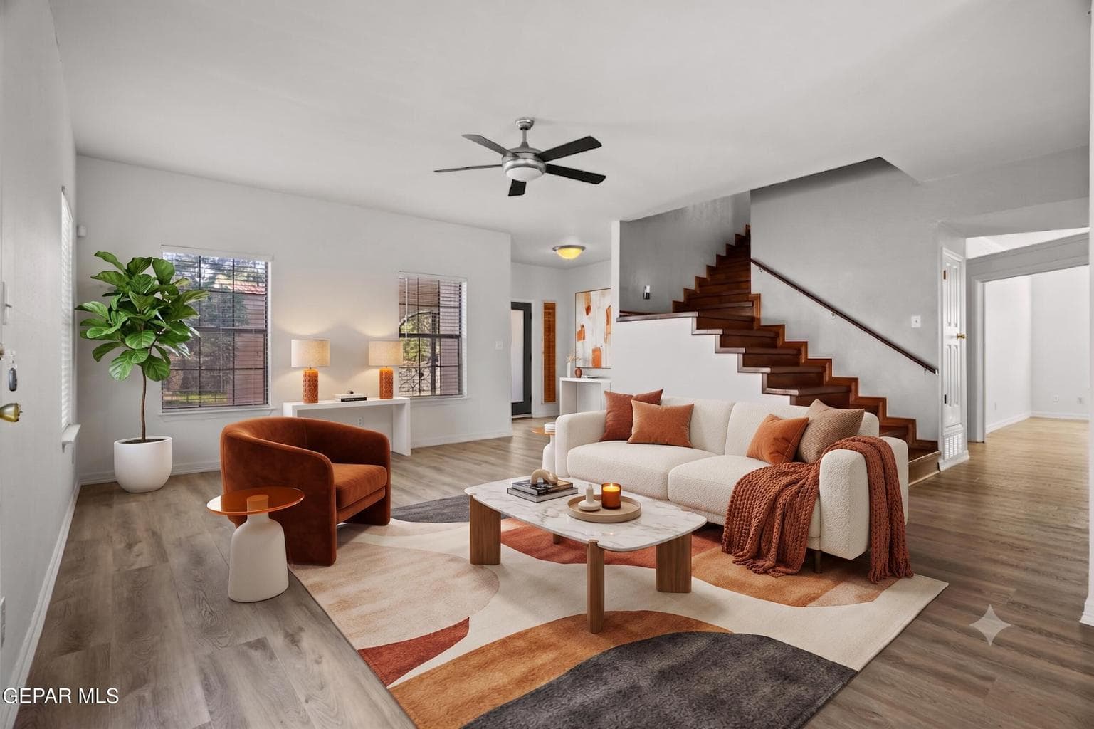 Spacious great room features soaring ceilings