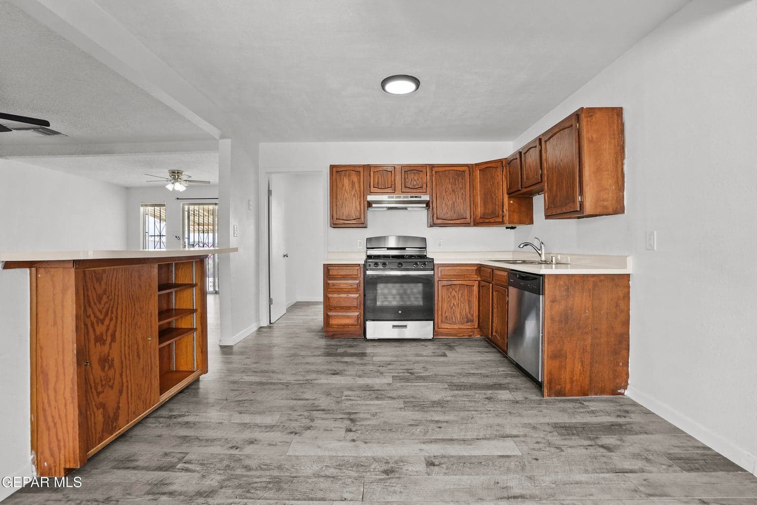 Offers ample cabinetry and a large prep area
