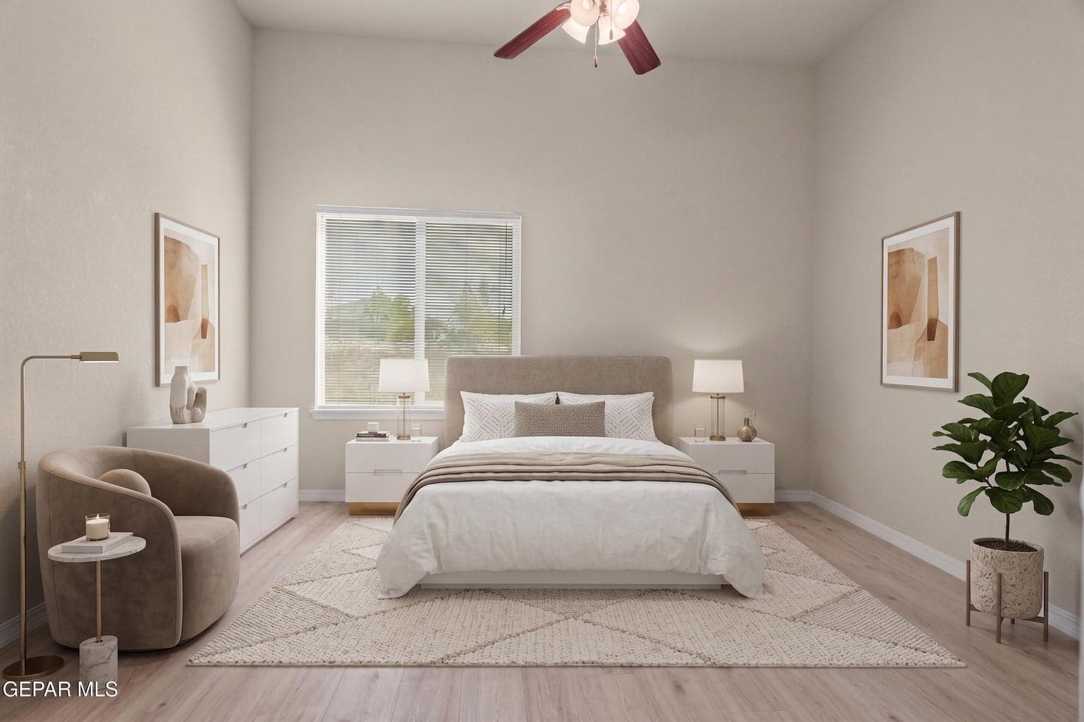 Enjoy a spacious retreat with vinyl flooring and ceiling fan