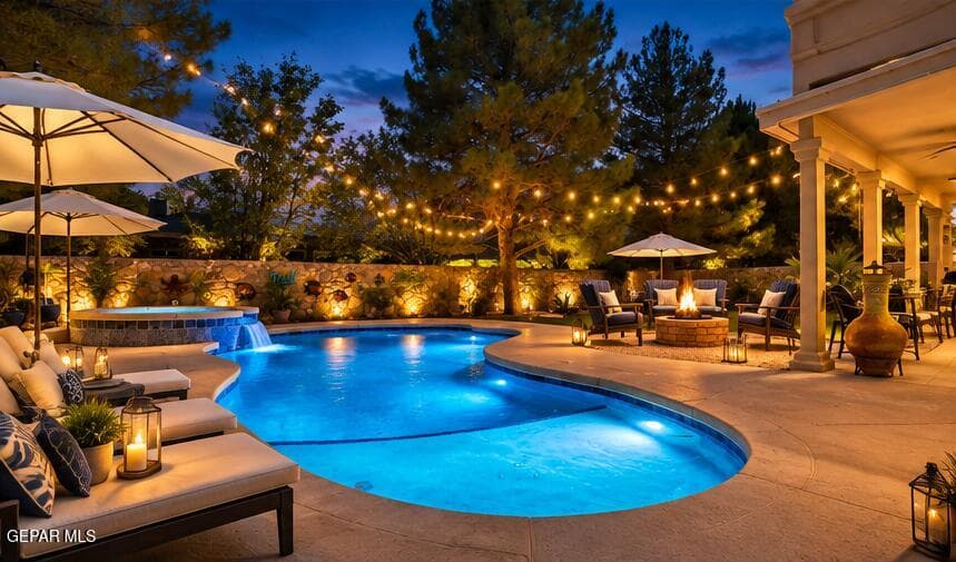Perfect for parties. Lighting is an AI inhanced idea of what you could do. The salt water pool, firepit, and expansive lawn are fantastic features that will make you love this home!