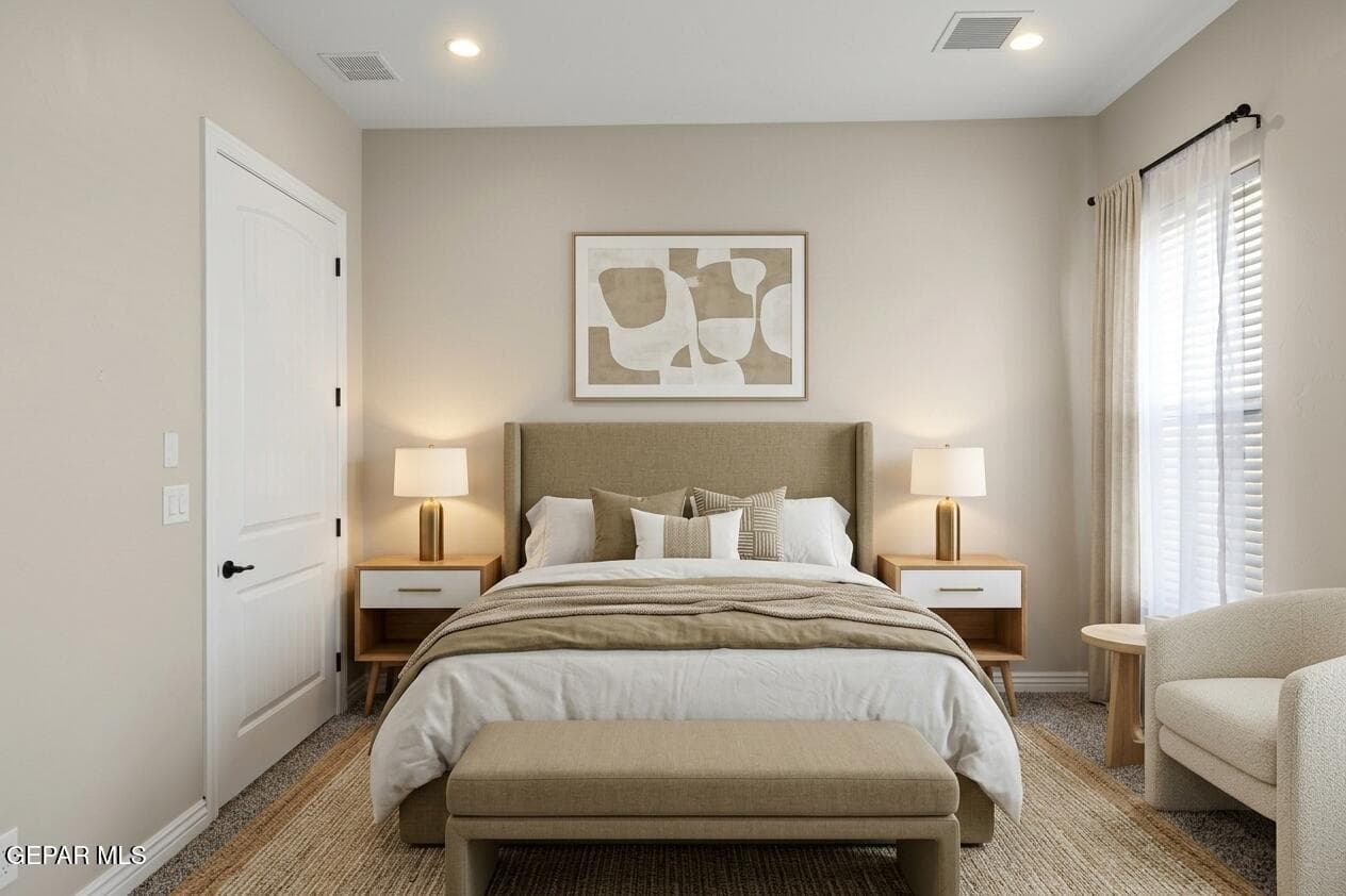 Carpet flooring, a ceiling fan, and plenty of space