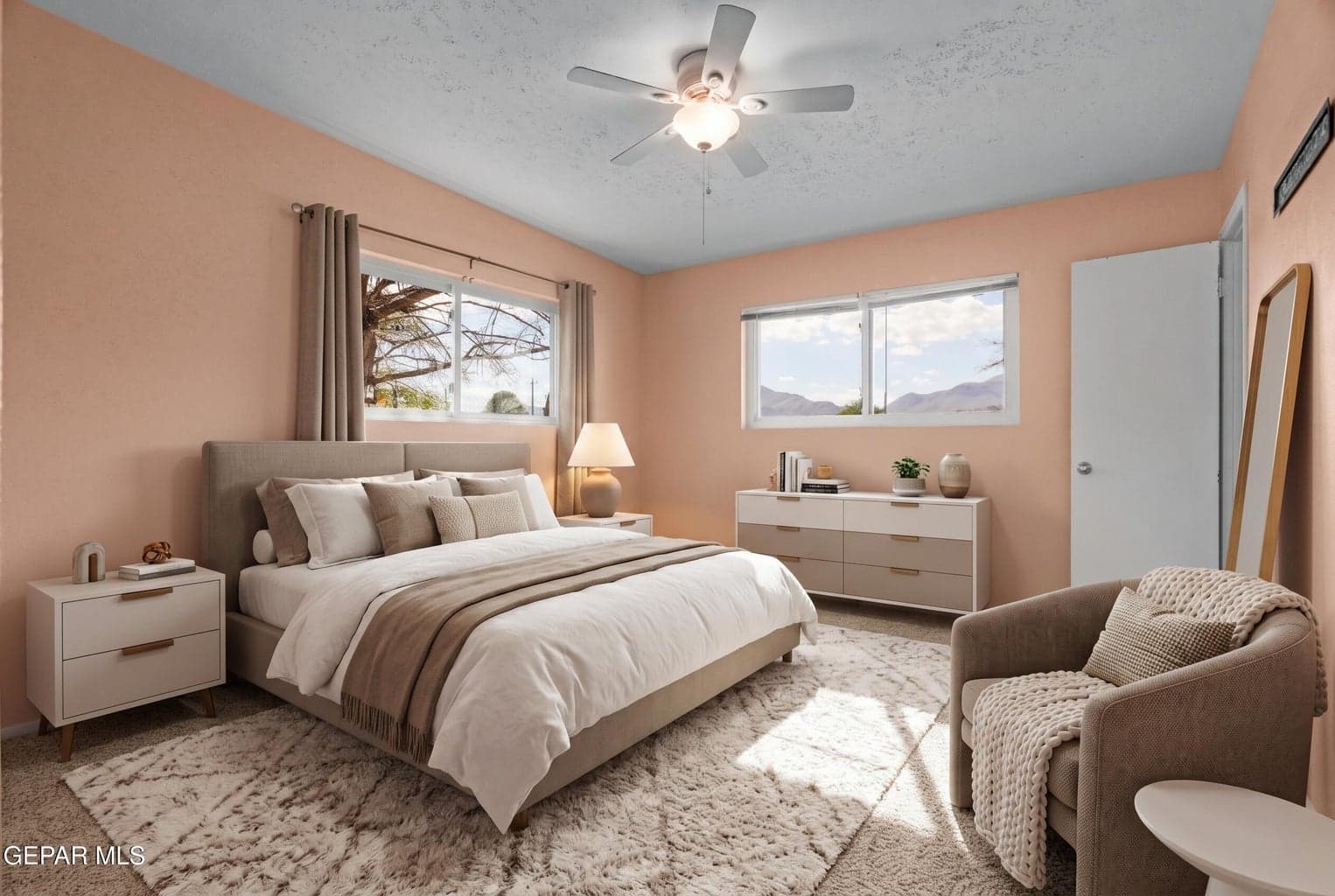 Relax in a spacious bedroom with carpet flooring, a ceiling fan and a closet. This photo was AI generated to highlight the homes features and potential.