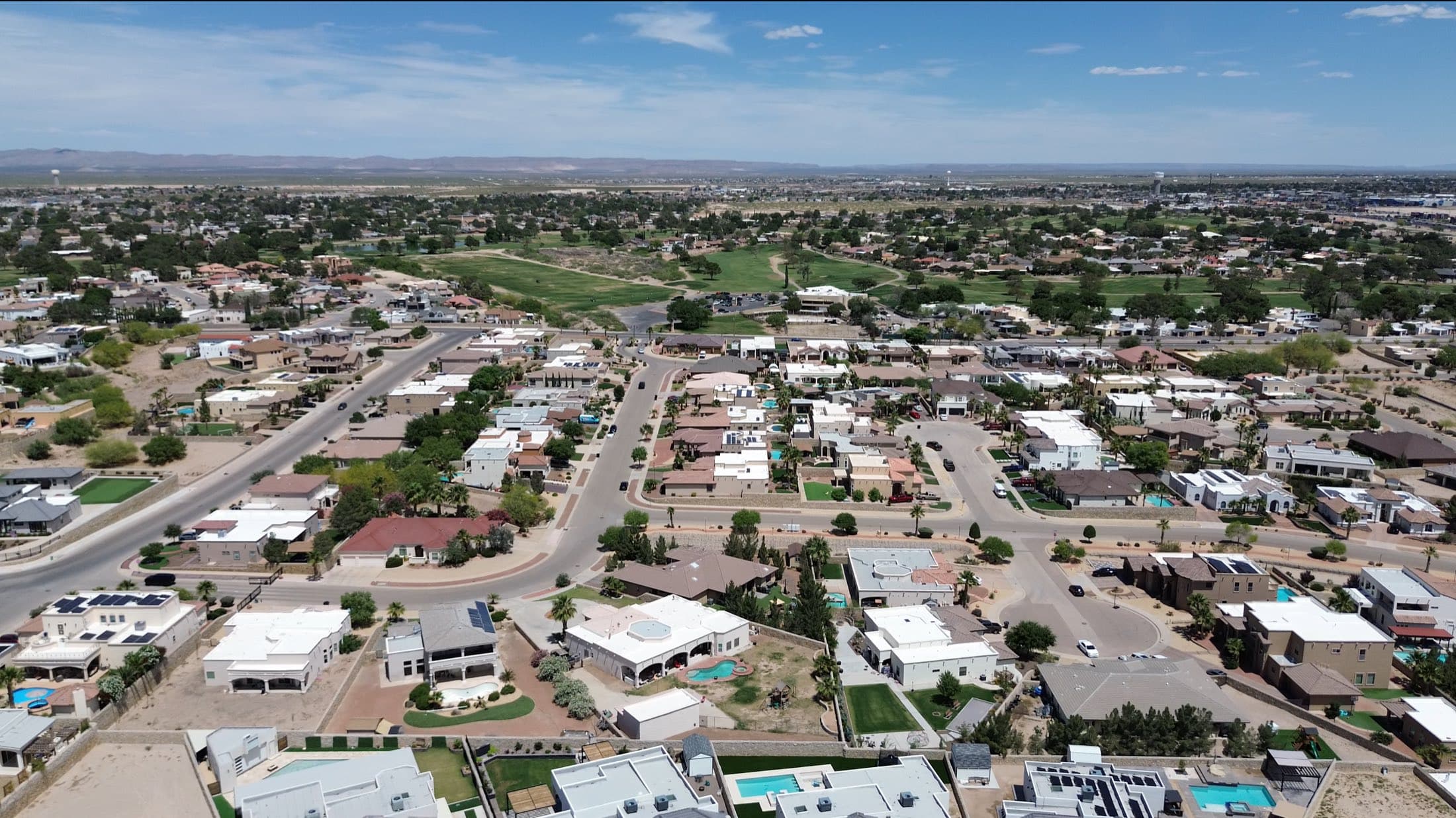 Aerial view of an El Paso neighborhood at the base of the Franklin Mountains near Fort Bliss