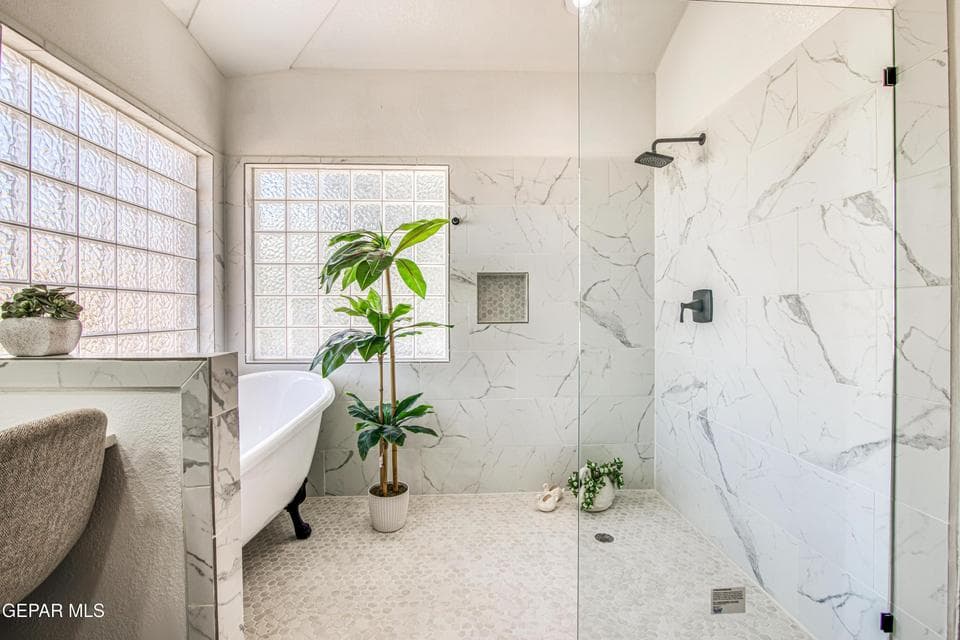 Master bathroom with walk in shower and claw tub